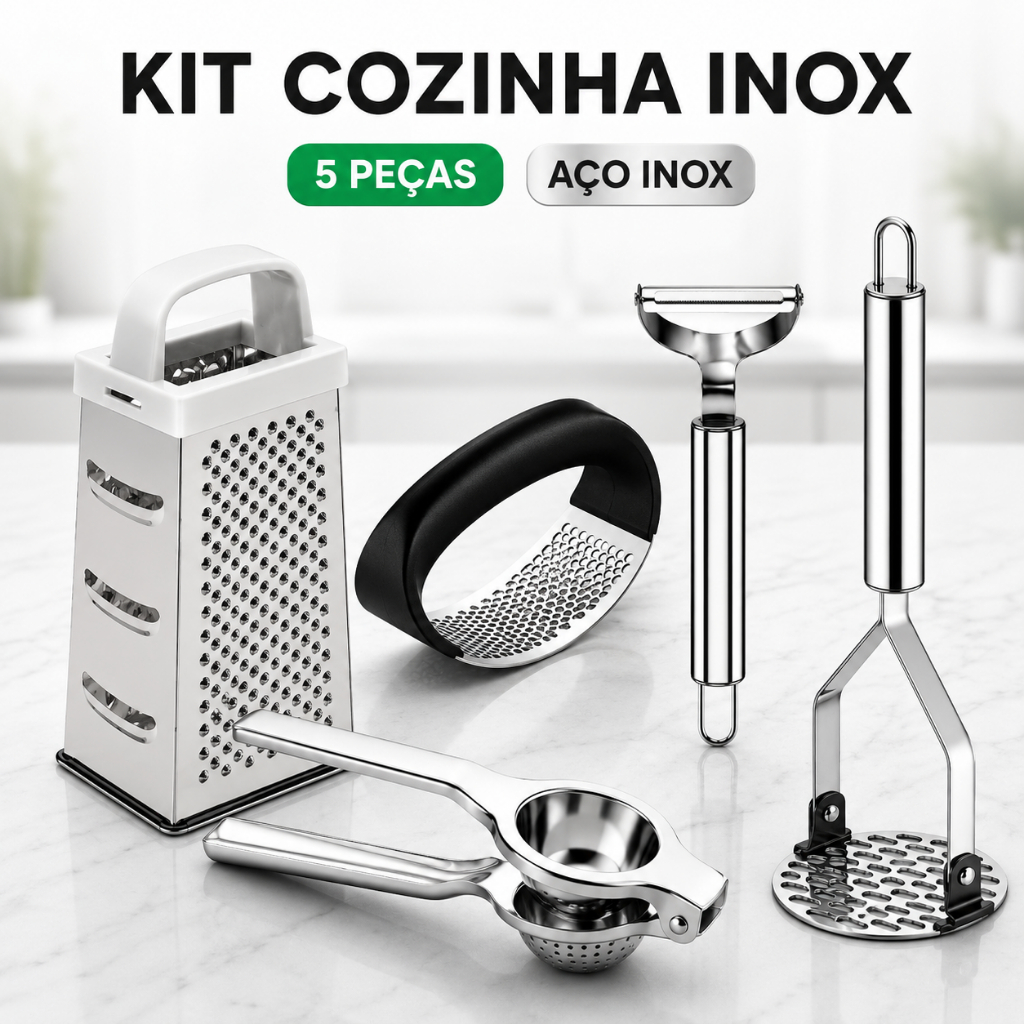 KIT 5 Peças Inox Cozinha | Amassador Batata e Alho, Descascador, Espremedor Limão e Ralador 4 Faces