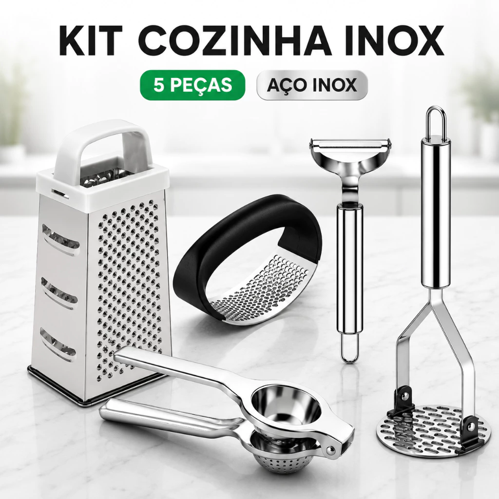 KIT 5 Peças Inox Cozinha | Amassador Batata e Alho, Descascador, Espremedor Limão e Ralador 4 Faces