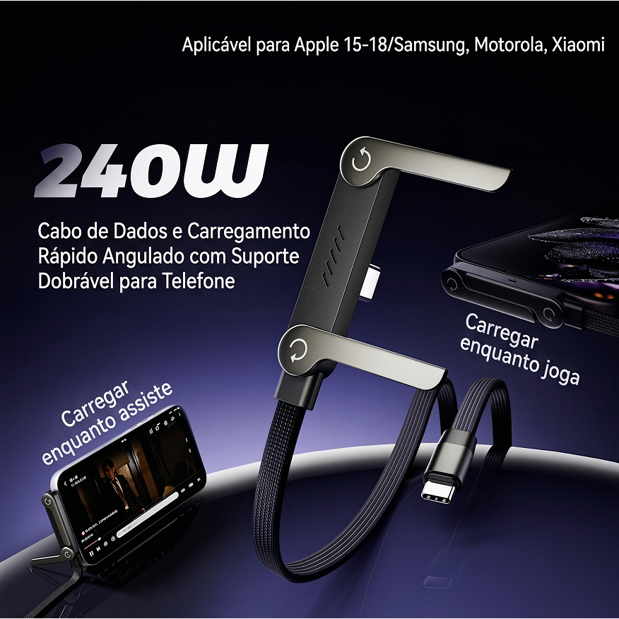Cabo USB-A para USB-C 240W Carregamento Rápido com Suporte Dobrável para Celular de Mesa