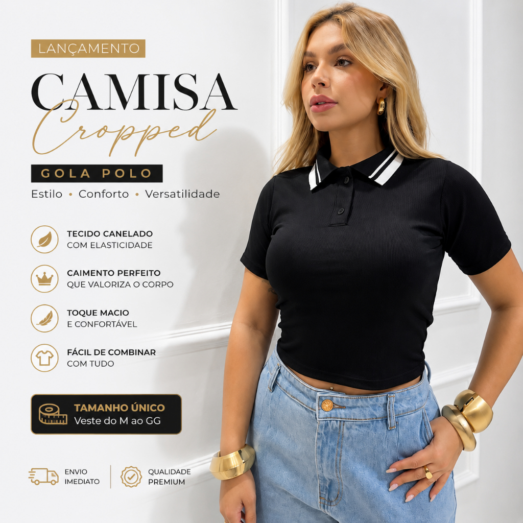 Polo Feminina Cropped Canelada Gola Listrada Tendência Moda - Envio Imediato !!!