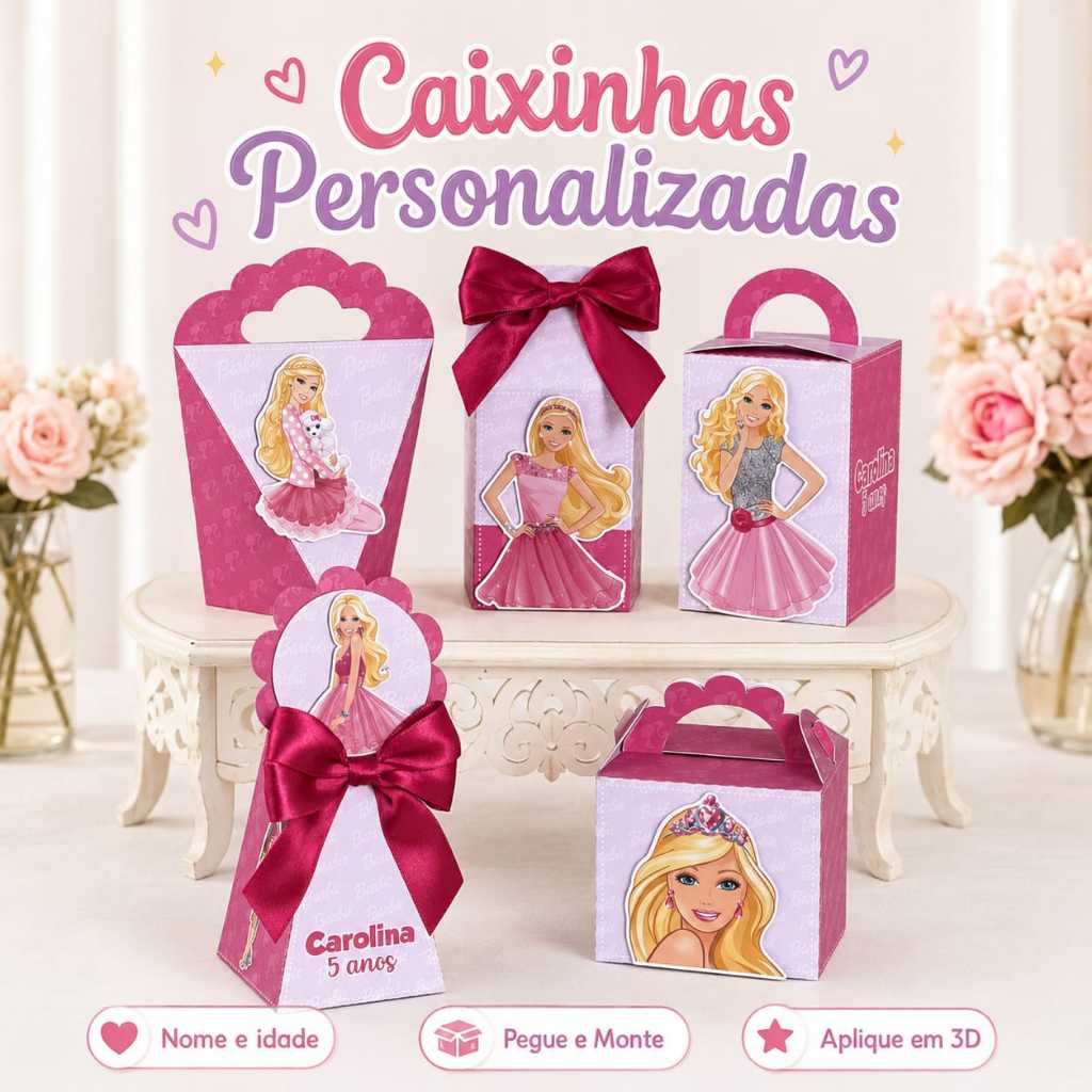 Kit Festa Caixinhas Personalizadas Barbie com Nome  Idade - Lembrancinha Infantil Aniversário com Aplique