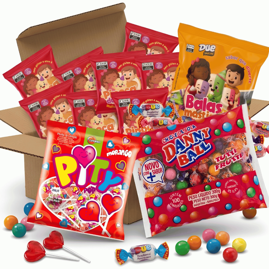 Kit Sacolinha Surpresa Aniversário Infantil Rende Até 50un Pipoca Bala Pirulito Chiclete Lembrancinha Festa