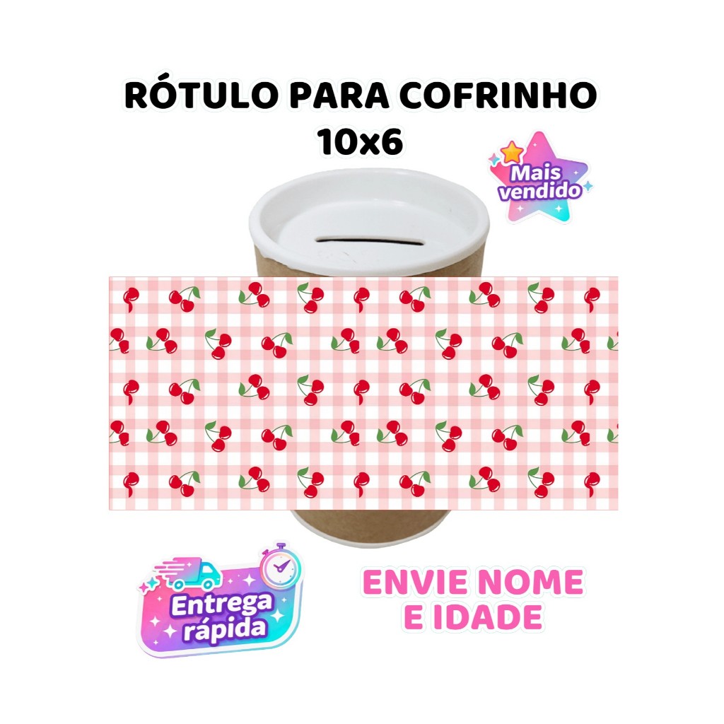 Rótulo Adesivo Cofrinho Personalizado Cerejinha 10x6 Festa Infantil Lembrancinha