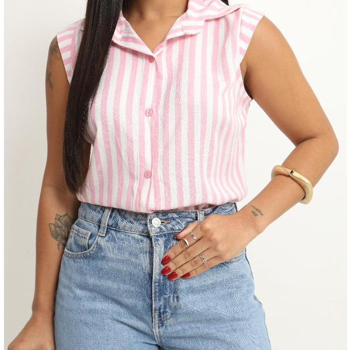 Regata Feminina Cropped Gola Colarinho  em Viscolinho Leve, Confortável Moderna Casual Verão 2026
