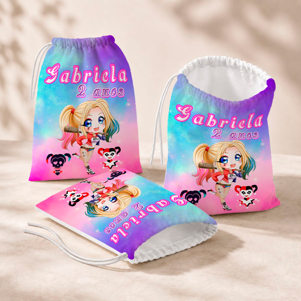 20 Sacolinhas Personalizada Festa Infantil 18x26 Aniversário Lembrancinha Arlequina Cute