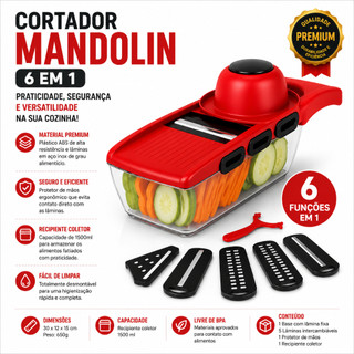 Cortador Mandolin 6 em 1 – Fatiador Multifuncional com Recipiente Coletor 1500ml