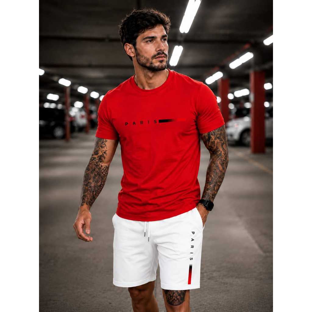 Conjunto Camiseta Com Bermuda Moletom Estampa Minimalista Variados Masculino 100% Algodão Premium Casual Confortável