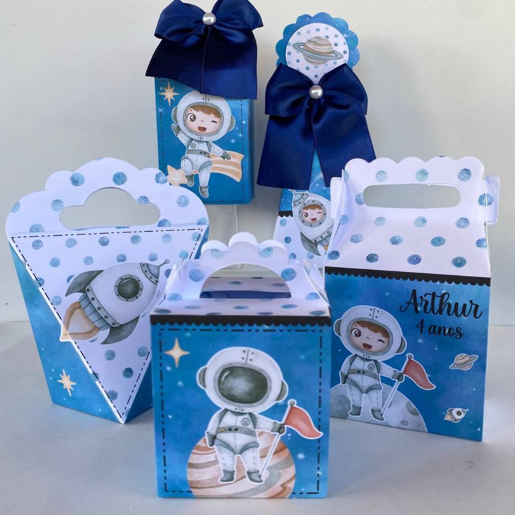 Kit Festa Personalizados Astronauta Espacial Galáxia (PEGUE e MONTE) Lembrancinhas Caixinhas para Festa Infantil