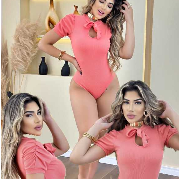 Body Feminino Canelado Manga Princesa, Gola Laço Elegante, Tecido Canelado Tendência Garotta Marotta