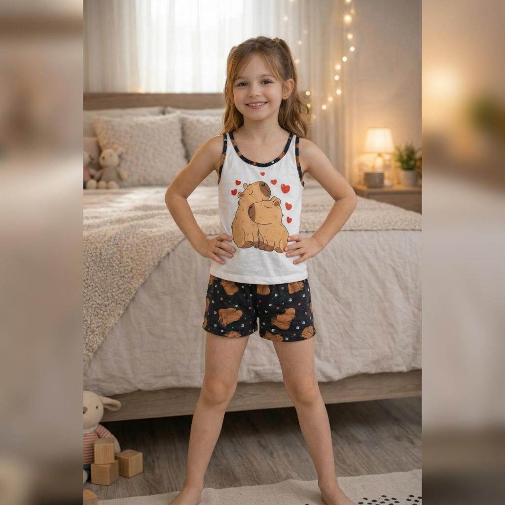 Pijama short doll infantil camiseta feminino baby doll stitch regata capivara malha verão personagem