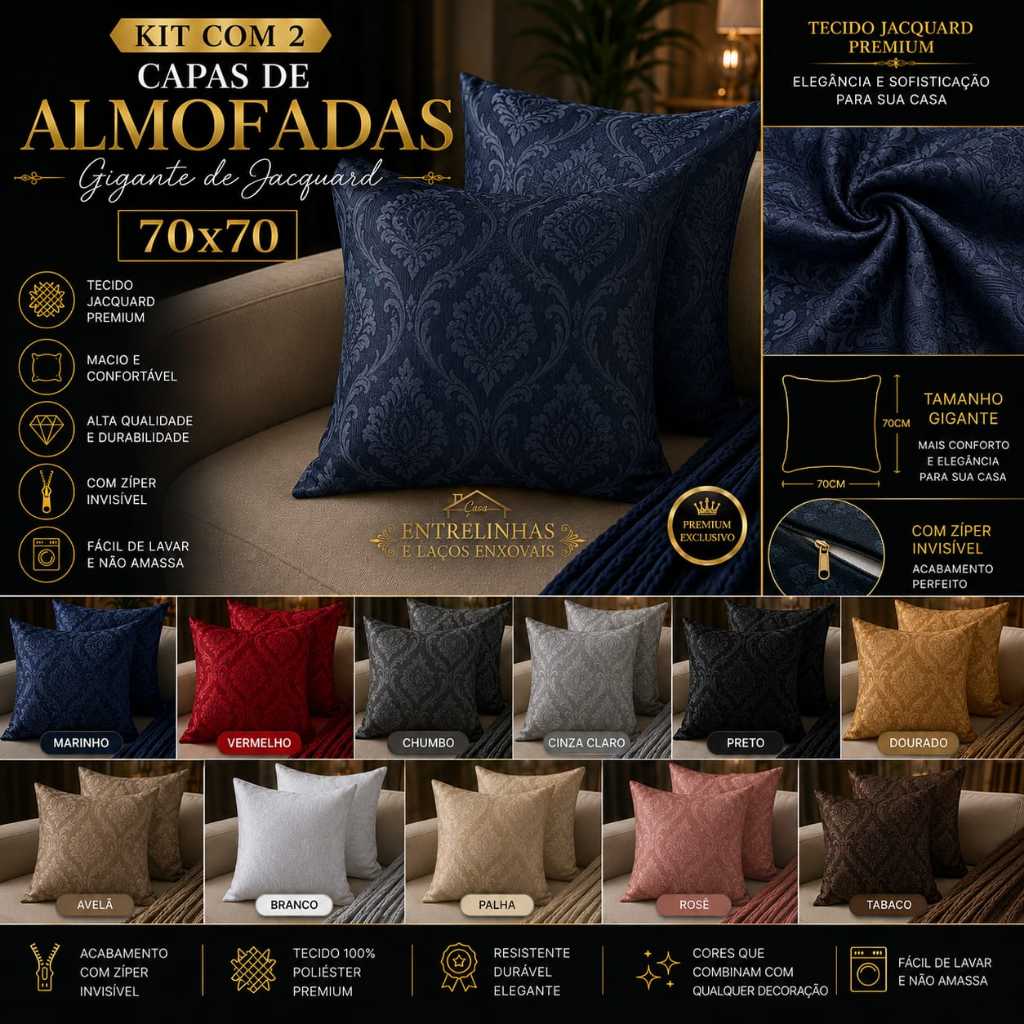 Kit 2 Capas de Almofada Grande 70x70 Jacquard 100% Poliéster Premium com Zíper Invisível Decorativa para Sofá, Sala e Q