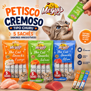 Petisco Cremoso para Gatos Tipo Churu 5 Sachês Sabores Frango Atum Salmão Snack Úmido Meguis Pet