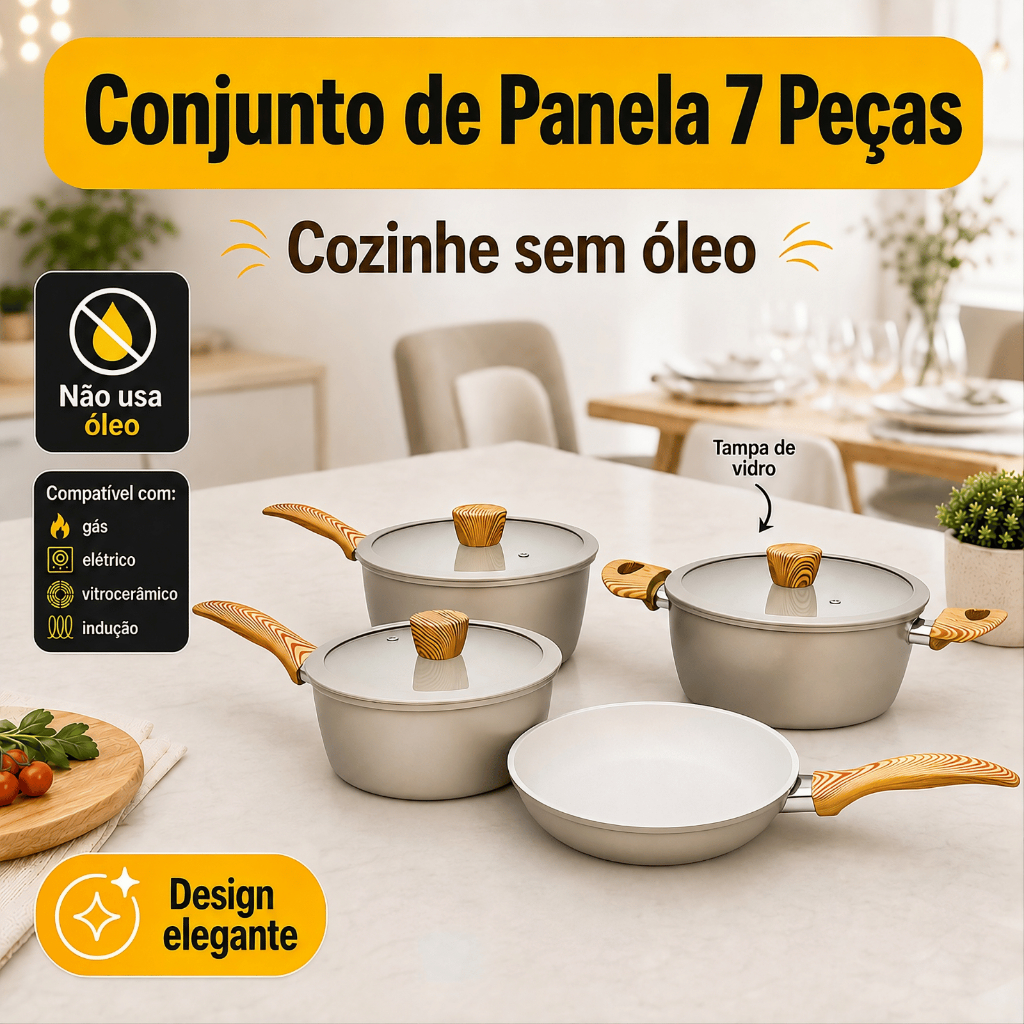Jogo de Panelas 7 Peças Cerâmica Antiaderente Premium Conjunto Fogão Cooktop Indução Gás Elétrico
