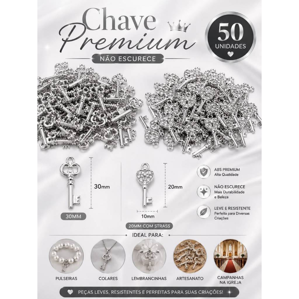 50 Mini Chaves Premium ABS para Lembrancinhas e Artesanato - Pingente Chave Prata - 20mm e 30mm