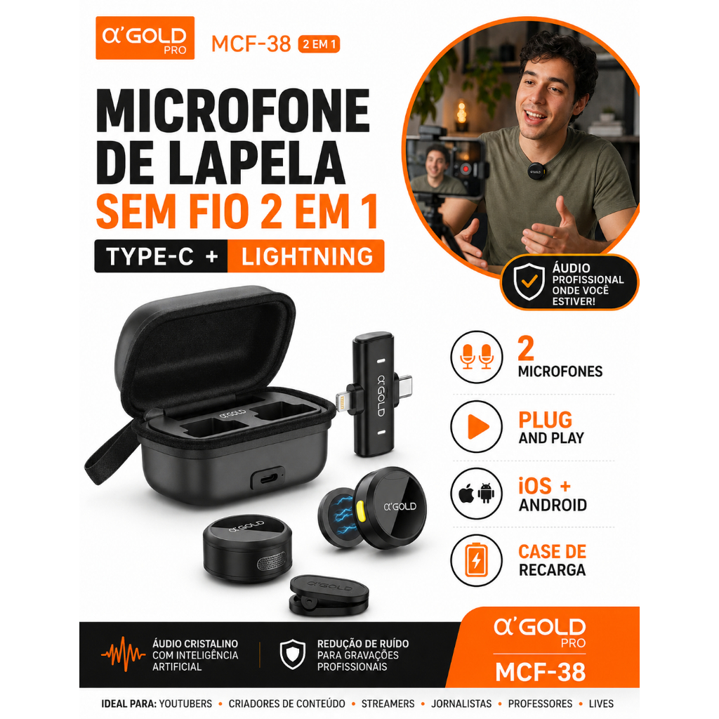 Microfone de Lapela Sem fio Magnético 2 EM 1 Type C e Lightning Agold MCF-38