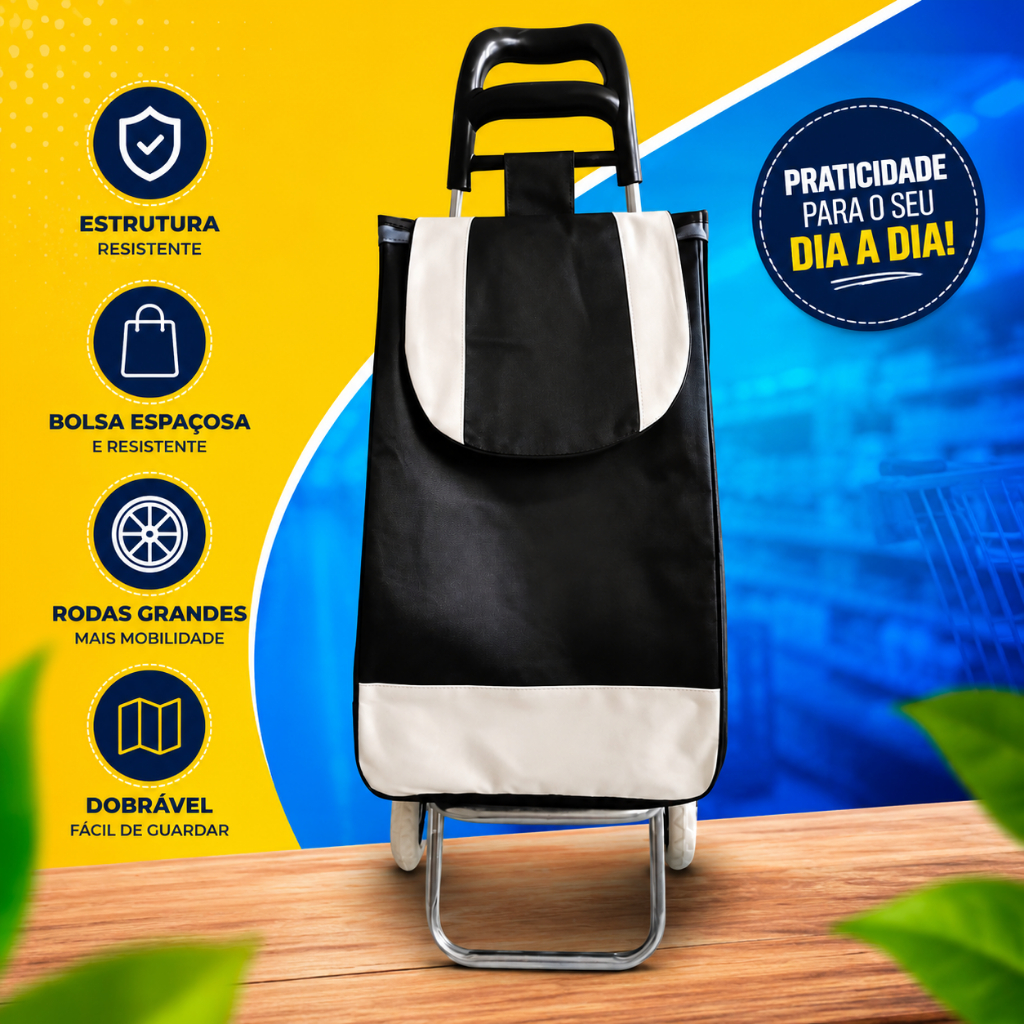 Carrinho de Compras Dobrável com Bolsa Portátil Resistente para Feira e Mercado