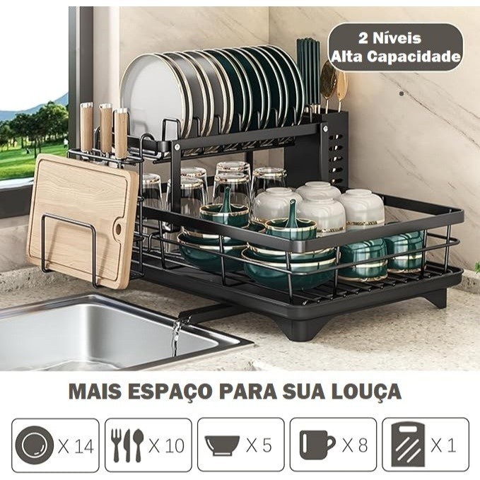 Escorredor de Louça Rack De Cozinha 2 Andares Preto
