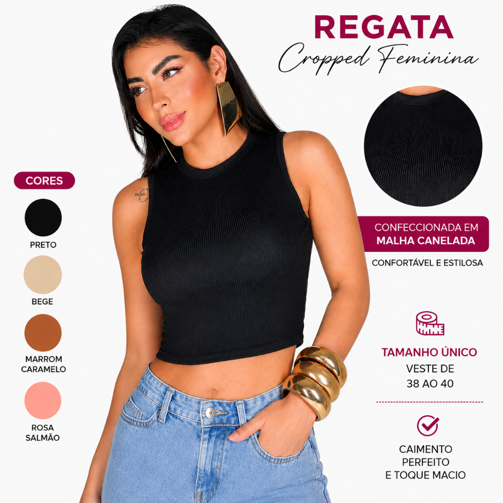 Regata Cropped Feminina Canelada Gola Alta  Bàsica  Sem Manga Regata Justa Moda Blogueira Tendencia  Premium