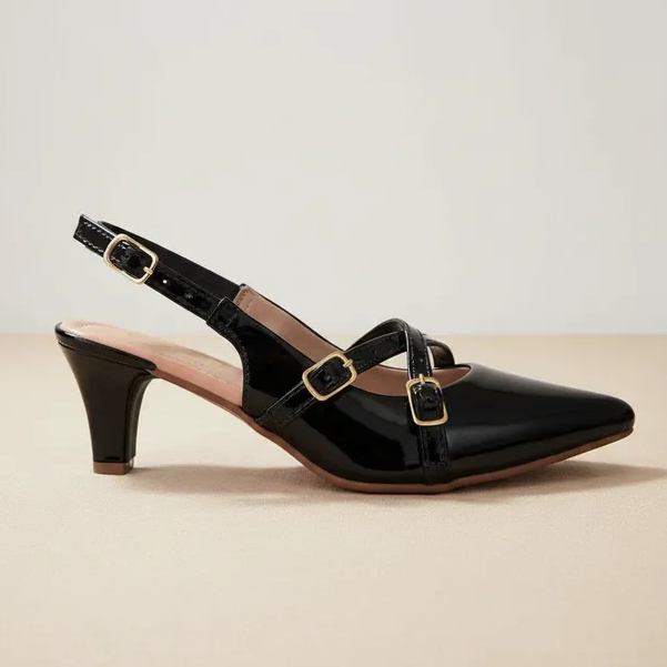 Sapato Feminino Scarpin Social Slingback Bico Fino Salto Fino Baixo Fivelas Leve Confortável