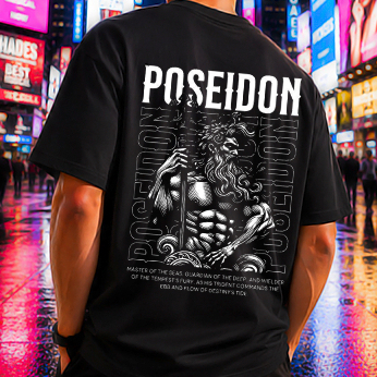 Camiseta Casual Poseidon Mitologia Grega Estilo Streetwear Masculina Feminina Frente Costas Algodão Unissex Oversized