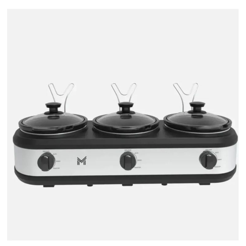 Rechaud Buffet Elétrico Triplo Buffet Slow Cooker 3 Panelas Cerâmica 2,4L Inox