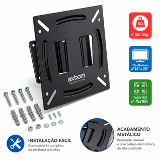 Suporte Universal Fixo para TV e Monitor 14 a 28 Polegadas VESA 75x75 100x100 Até 15kg Parede em Aço