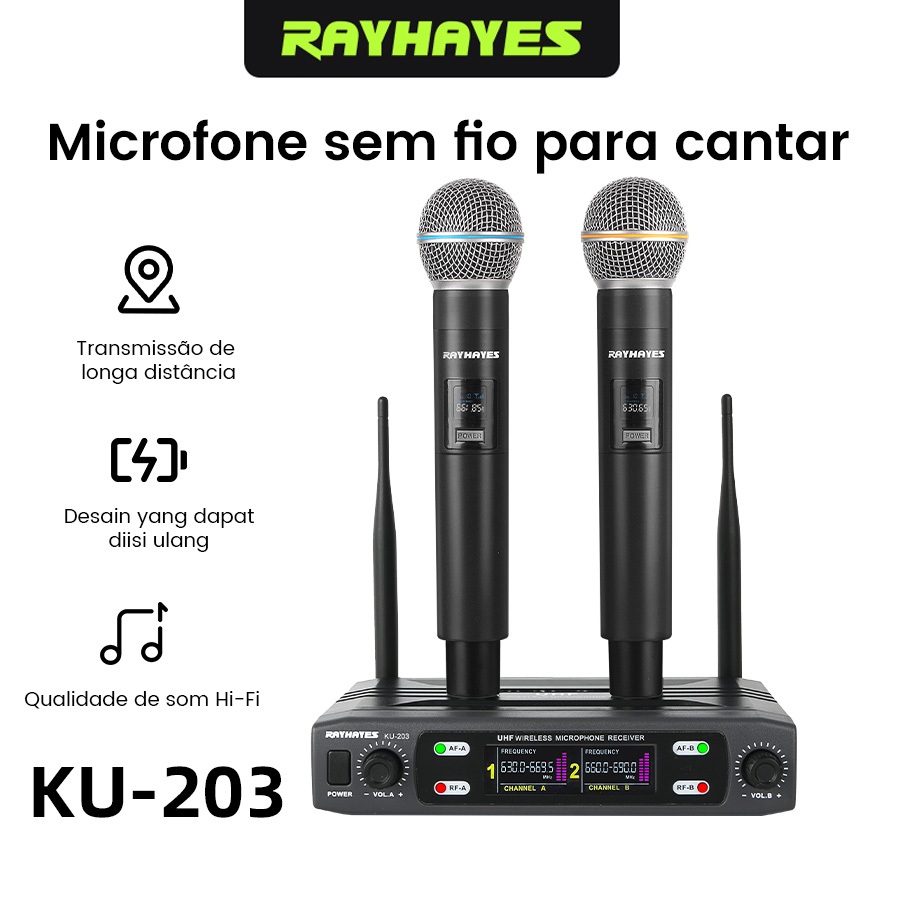 Microfone Sem Fio UHF Duplo KU-203 Sistema 2 Canais Profissional para Karaokê Palco Palestra Com Receptor Recarregável