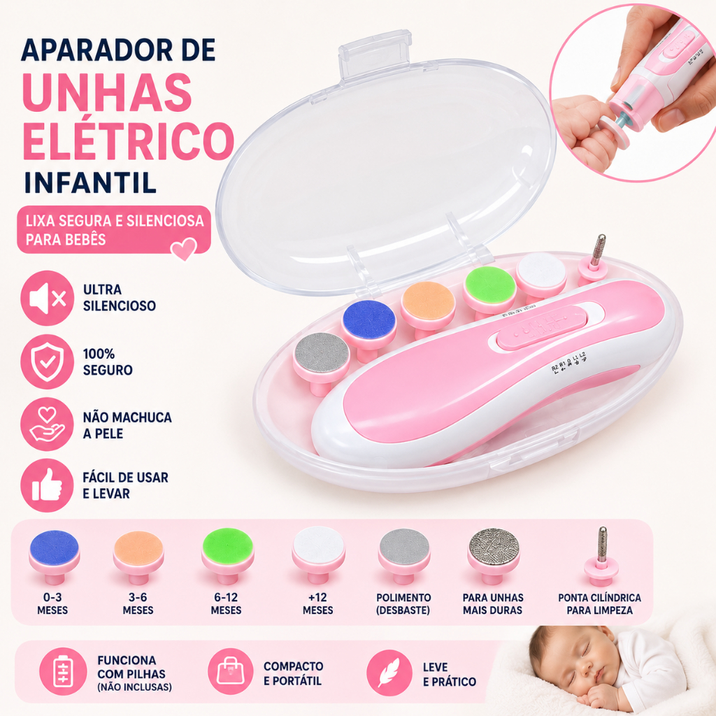 Aparador de Unhas Elétrico Infantil Lixa Elétrica para Bebê Silencioso Seguro com Lixas Intercambiáveis