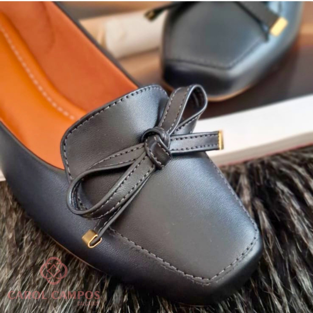 Sapatilha Bico Quadrado Feminina Confortável Mocassim Casual Com Laço
