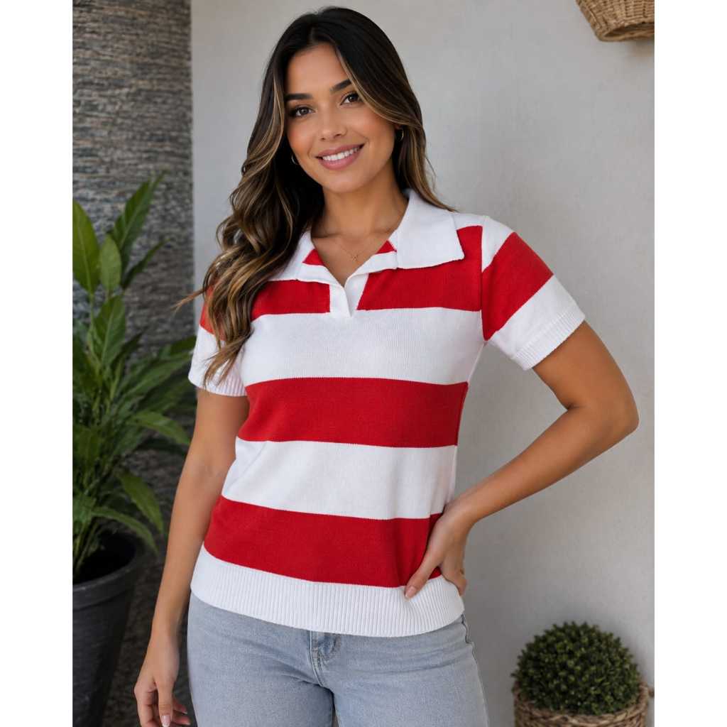 Blusa Sueter Gola Polo Feminina Listrada Manga Curta No Modal Casual  Tendencia 2026 Premium Vesti do 36 ao 42