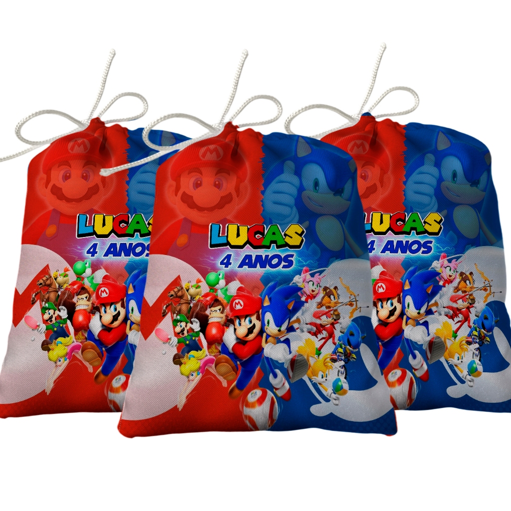 Sacolinha Lembrancinha Festa Aniversário Surpresa Tecido Personalizado Mario vs Sonic