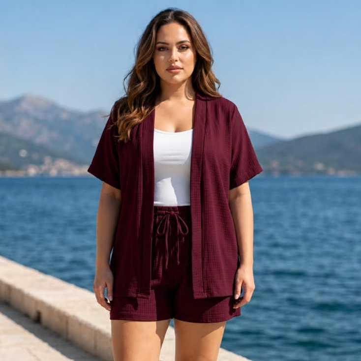 Conjunto Feminino Duna Kimono Manga Curta + Short Cintura Alta  Elegante moda gringa temdencia