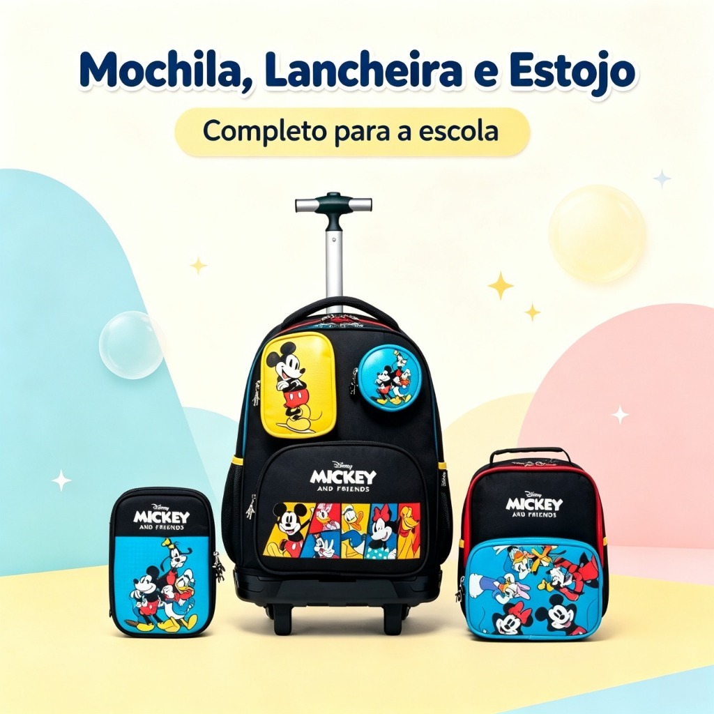 Kit Mochila Disney Rodinha Lancheira Estojo Escolar Infantil Mickey Mouse  Amigo