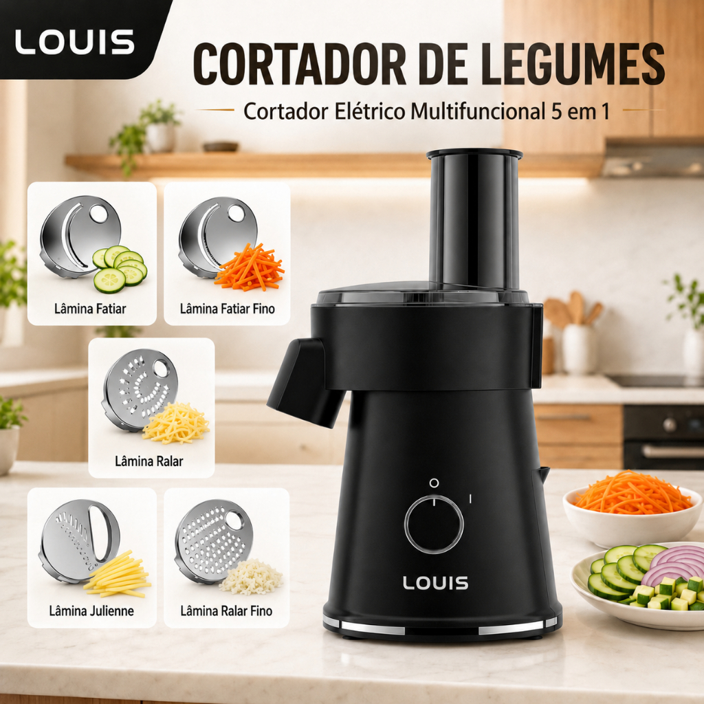 Imagem Cortador de Legumes Elétrico 5 em 1 Ralador Fatiador Processador de Alimentos Bocal 80mm