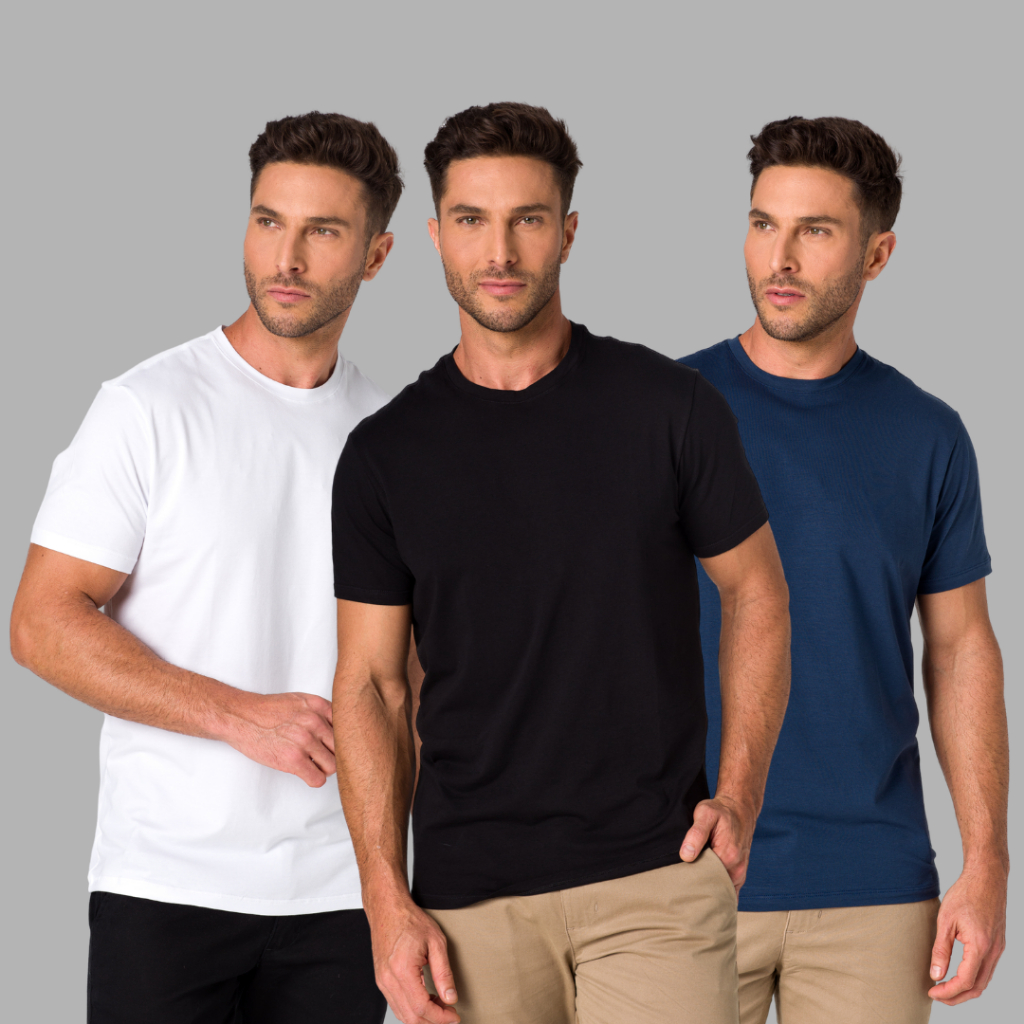 Kit 3 Camisetas Algodão Egípcio Premium - Masculina Slim Lisa Básica 3 Unidades Não Desbota - Branca/Preta/Azul Marinho