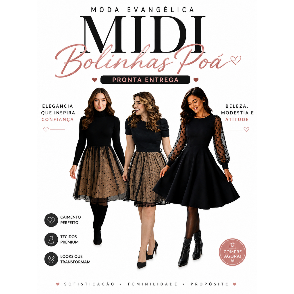 Vestido Retrô Bolinhas Poá vintage anos 60 70 Rodado Moda Evangélica Plus Size Manga Longa ou Princesa Elegante Casual