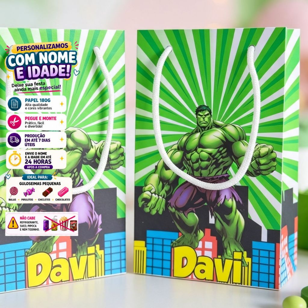 Kit 20/50 Sacolinhas Personalizadas HULK