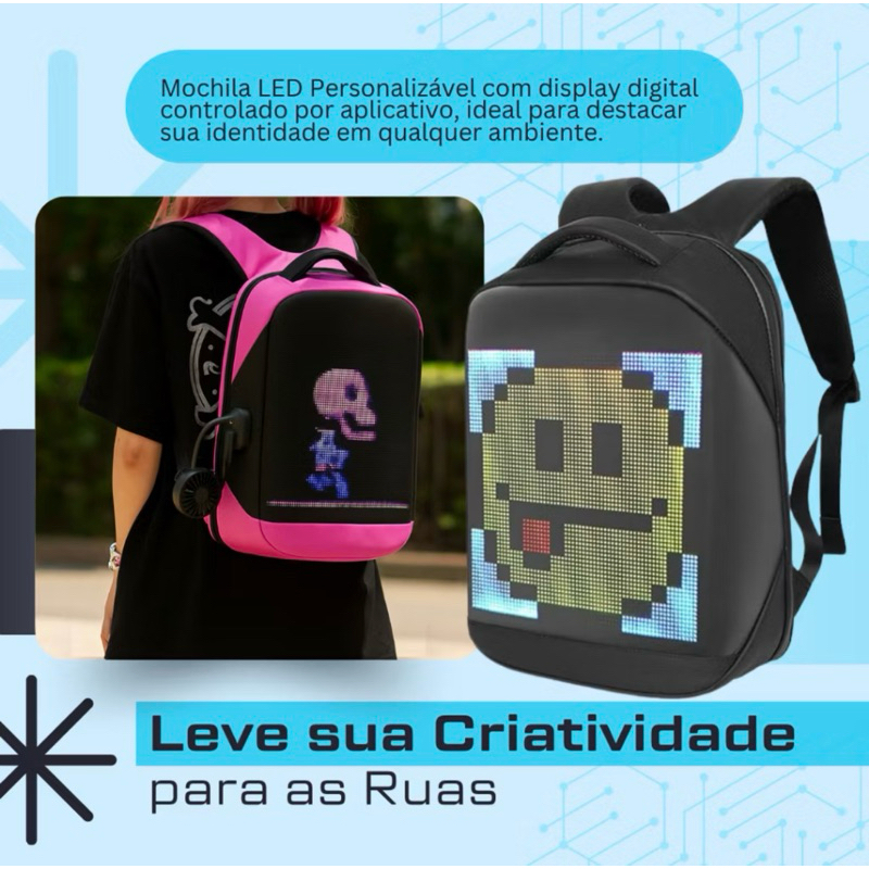 Mochila LED Bluetooth com Display Digital Personalizável – Presente Criativo p/ Tech Lovers