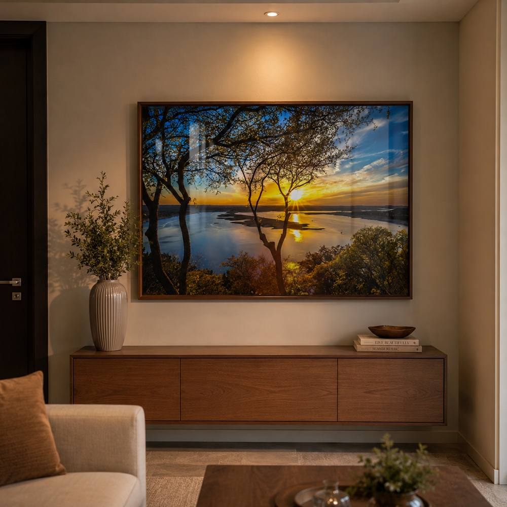 Quadro Decorativo Por do Sol Iluminado com Moldura Sala Quarto Escritorio