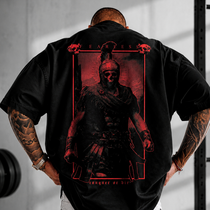 Camiseta Algodão Oversized Estampa Fearless Warrior Academia Masculina Treino Musculação Fitness