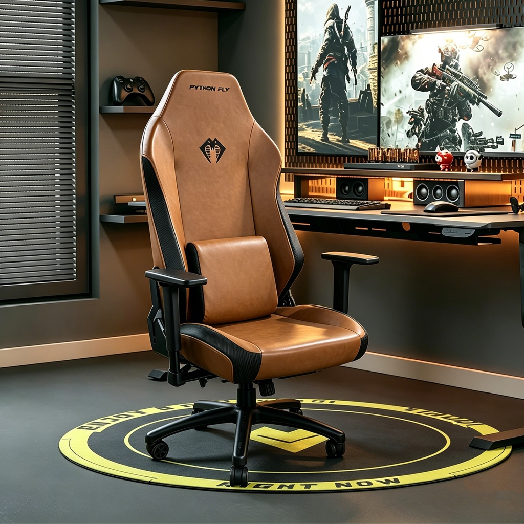 Cadeira Gamer Ergonômica Reclinável Couro Marrom PC Home Office Apoio 3D Python Fly