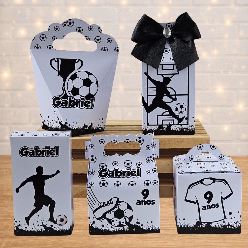 Kit de Caixas Personalizadas Futebol Preto e Branco/Pegue e monte/Lembrancinha/Aniversário/Festa infantil