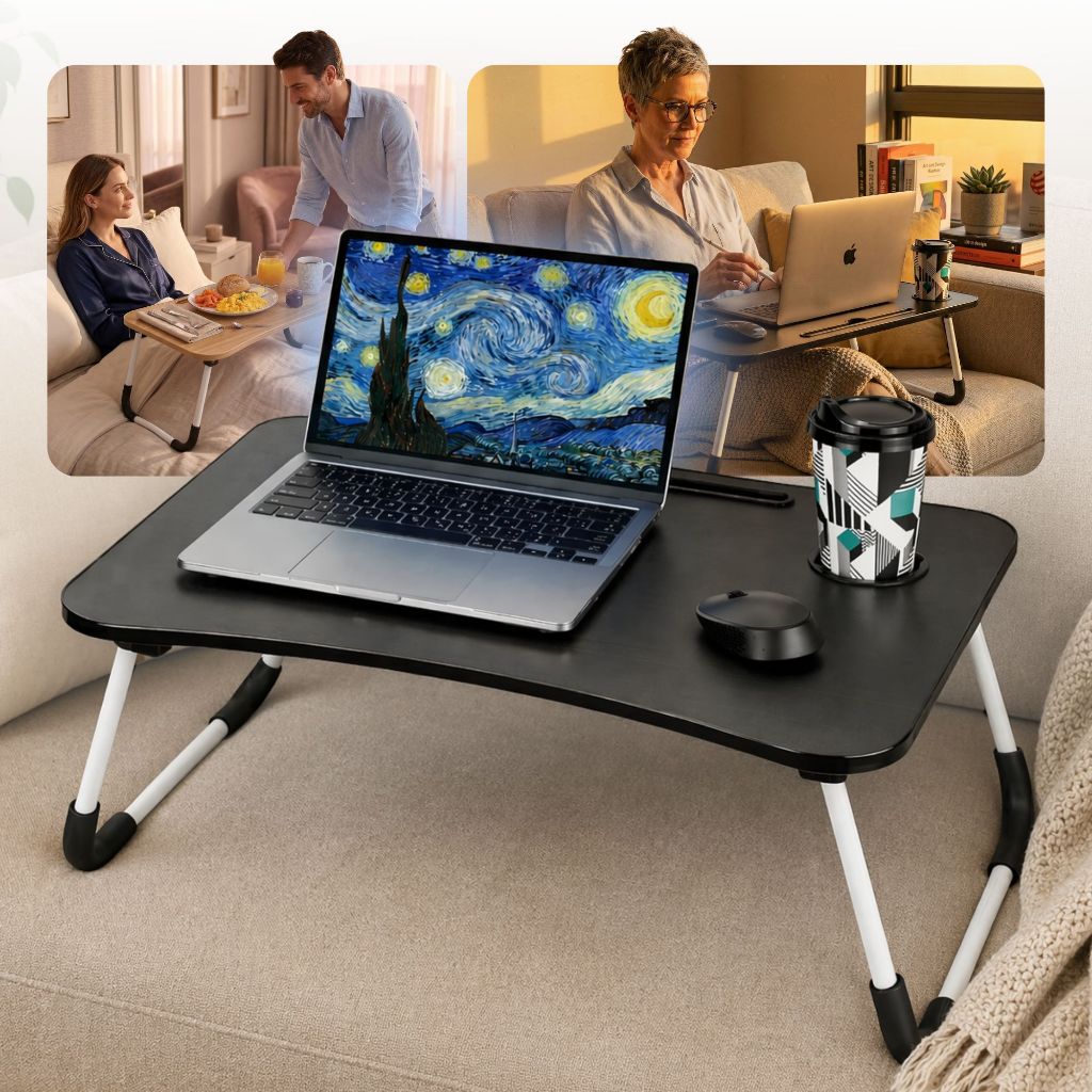 Mesa Portátil Dobrável Para Notebook Home Office Estudo Refeição Cama Com Porta Copo MDF