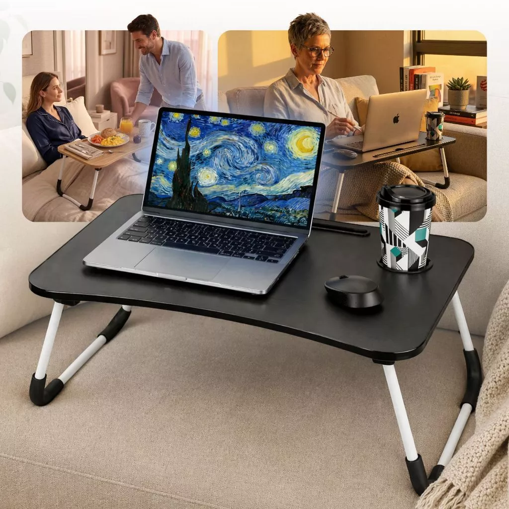 Mesa Portátil Dobrável Para Notebook Home Office Estudo Refeição Cama Com Porta Copo MDF