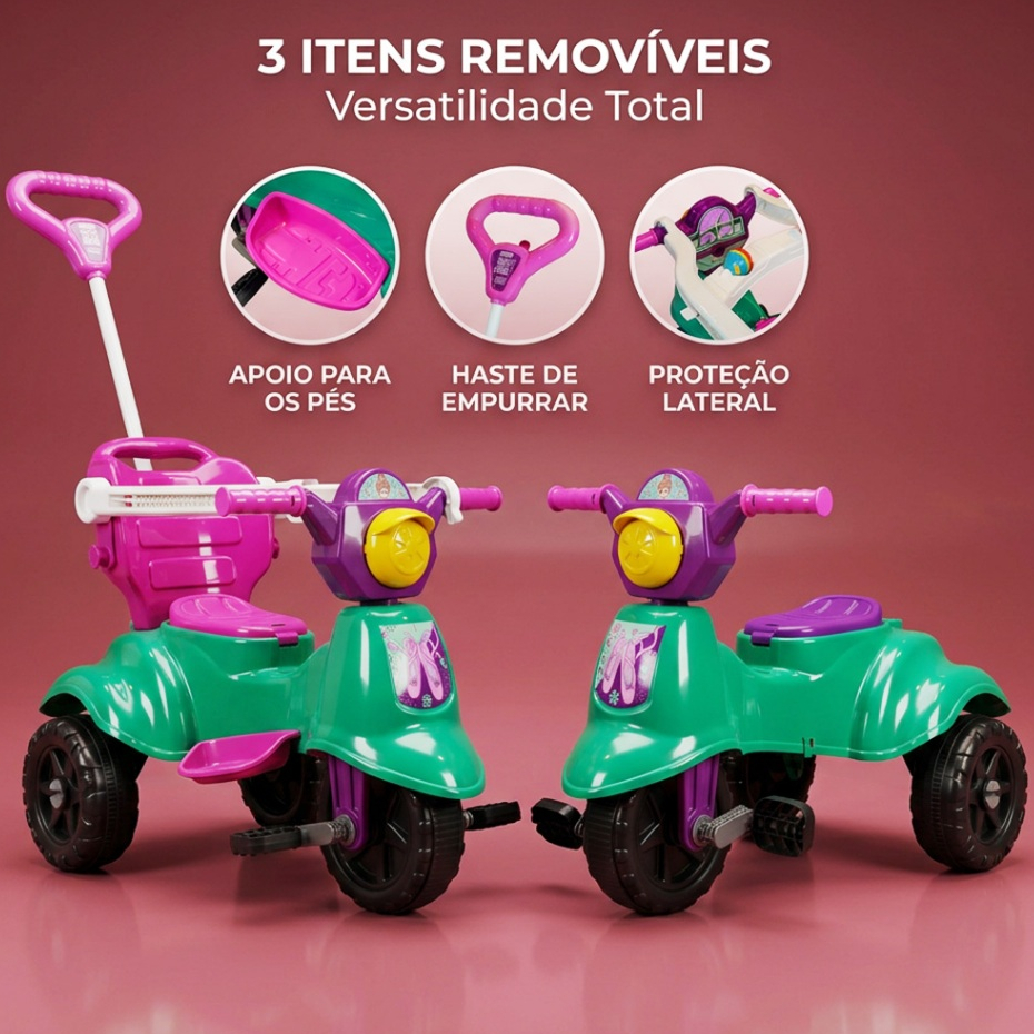 Triciclo Infantil Menina Scooter Baby Aurora Motoca +12meses até 16kg Passeio + CONTEÚDO DIGITAL QR CODE | QUEEN SHOP