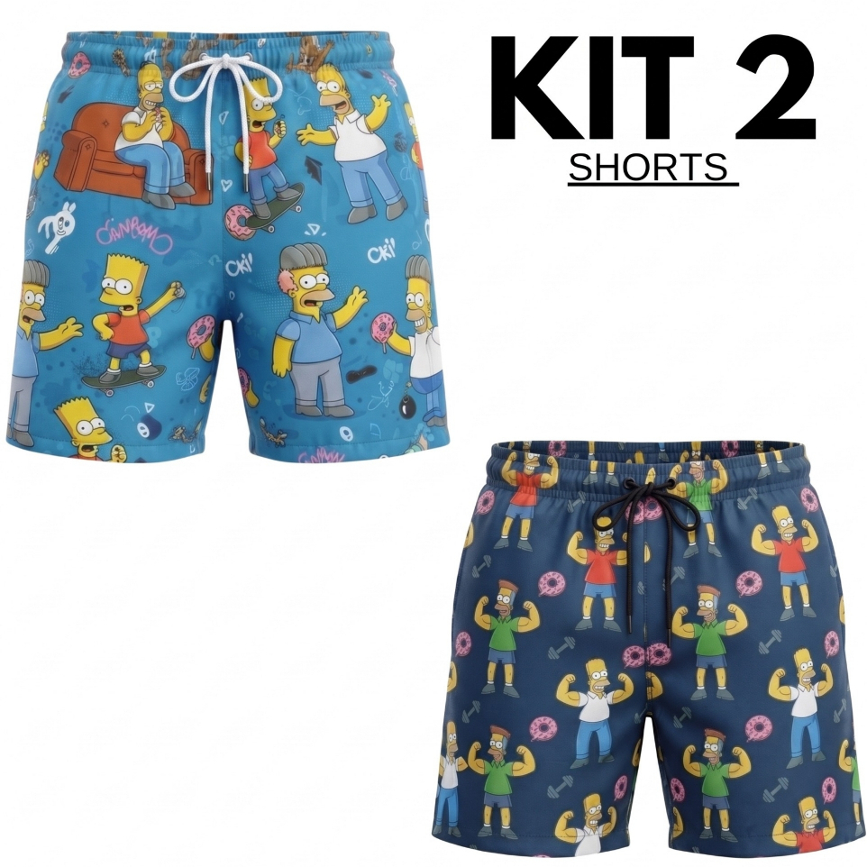 Kit2 Shorts Tactel Estampado Masculino  Anime Desenho Homer Mauricinho Praia Secagem Rápida Elastano Academia Dia a Dia