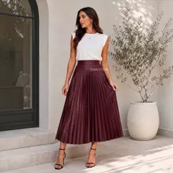 Saia midi Cirrê feminina plissada fit flare longuete acetinada elegante