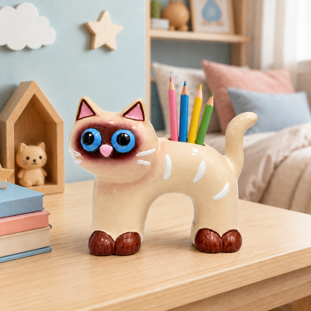 Gato Decorativo Porta Escovas Lápis Cerâmica Artesanal Pet Premium
