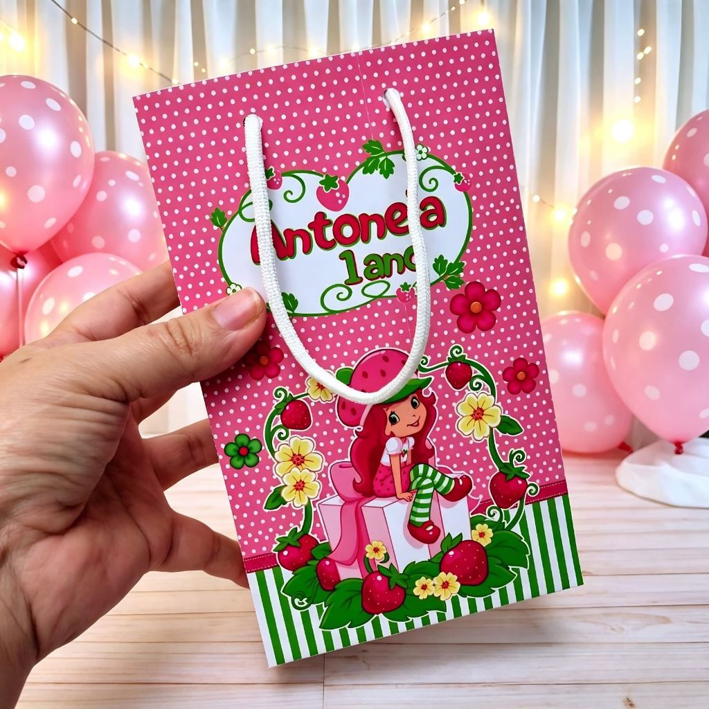 Sacolinha  MORANGUINHO Personalizados Tam.M / Lembrancinha de Festa Infantil /Aniversário - Com Alça