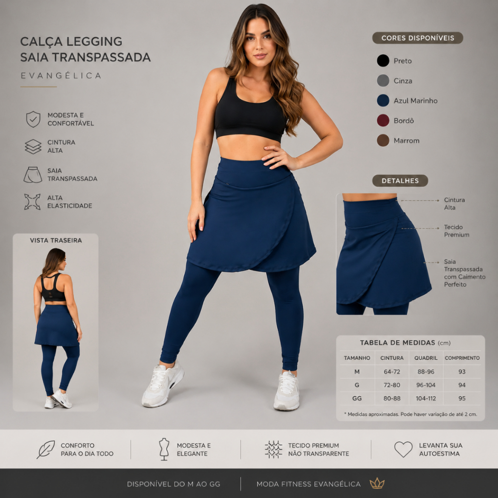 Imagem Calça Legging Saia Transpassada Evangelica Academia Fitness Yoga Casual Caminhada